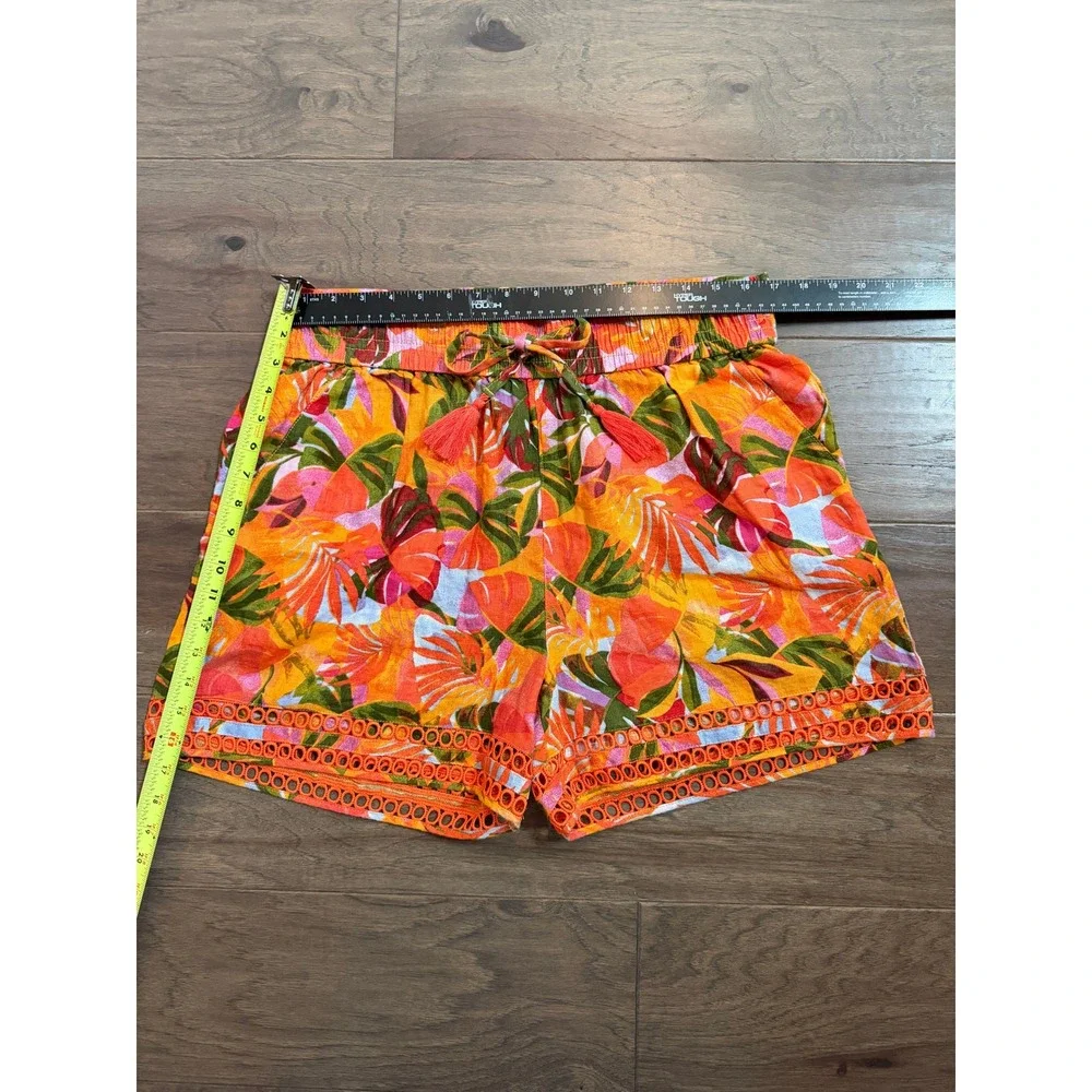 C&C California Women XL Orange Tropical Linen Shorts Boho Eyelet Tassel Trim - Picture 5 of 7